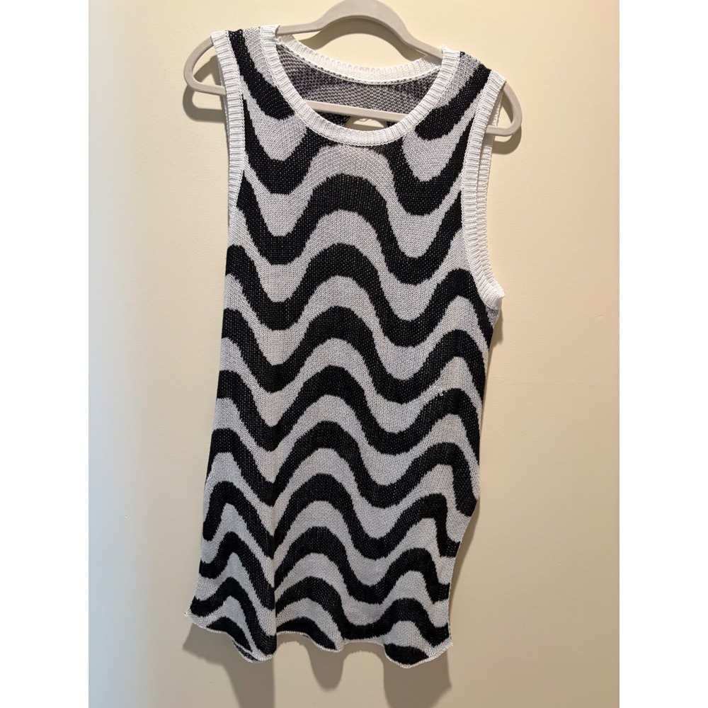 Wavy Swirl Knit Sleeveless Tunic Sweater Vest Black White Keyhole Back XL